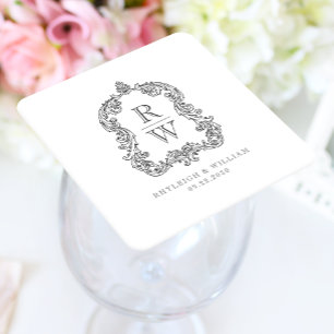 Vintage Monogram Crest White Charcoal Gray Wedding Square Paper Coaster