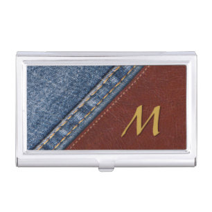 Vintage Monogram Denim and Leather Business Card Holder