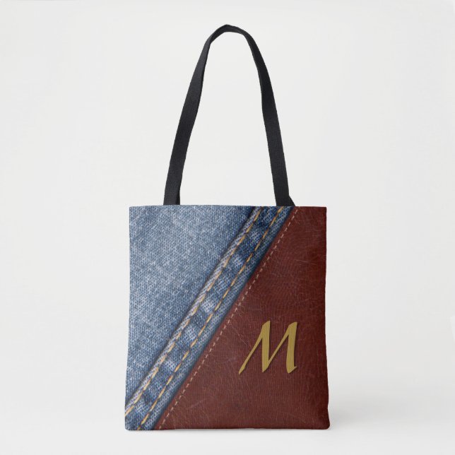 Vintage Monogram Denim and Leather Tote Bag (Front)