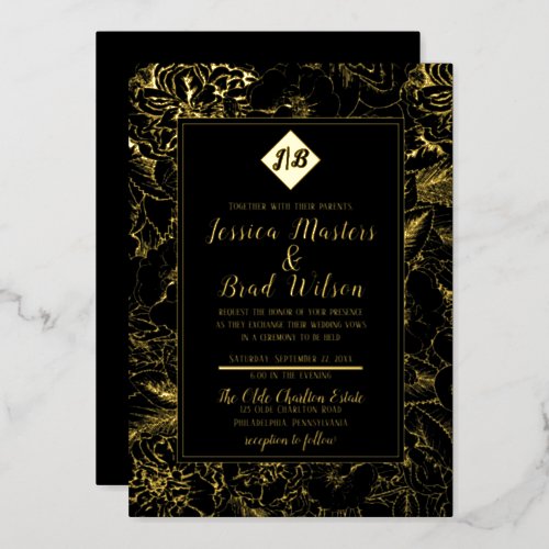 Vintage Monogram  Floral Wedding Black  Gold Foil Invitation