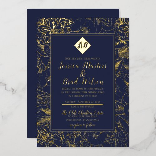 Vintage Monogram  Floral Wedding Blue  Gold Foil Invitation
