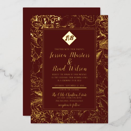 Vintage Monogram  Floral Wedding Burgundy  Gold Foil Invitation
