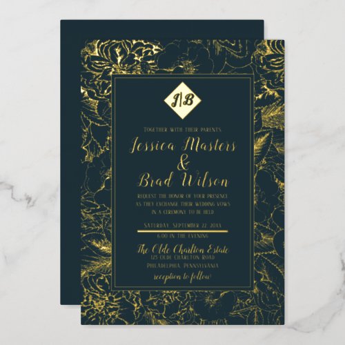 Vintage Monogram  Floral Wedding Dark Teal  Gold Foil Invitation