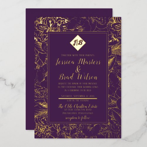 Vintage Monogram  Floral Wedding Purple  Gold Foil Invitation