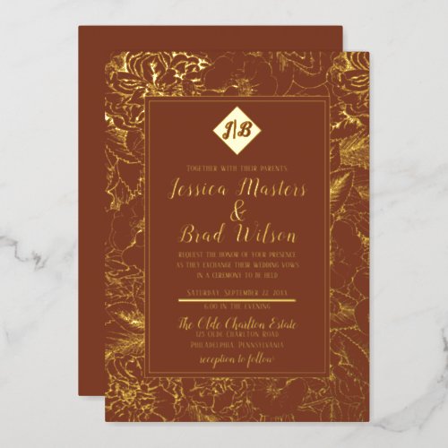Vintage Monogram  Floral Wedding Terracotta Gold Foil Invitation