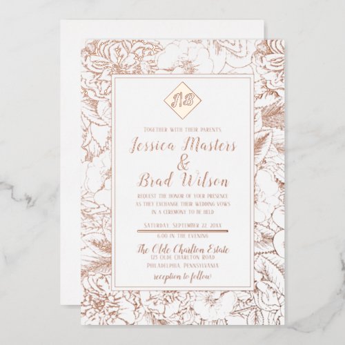 Vintage Monogram  Floral Wedding White Rose Gold Foil Invitation