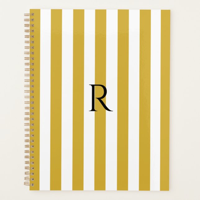 Vintage Monogram Gold & White Stripes Striped Planner (Front)