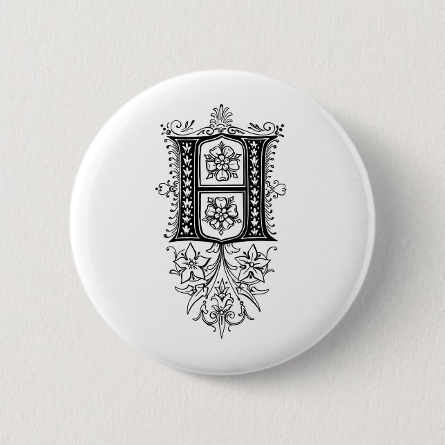 Vintage Monogram H Floral Initial Letter Button (Front)