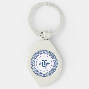 Vintage Monogram Initials Blue White Pattern Keychain