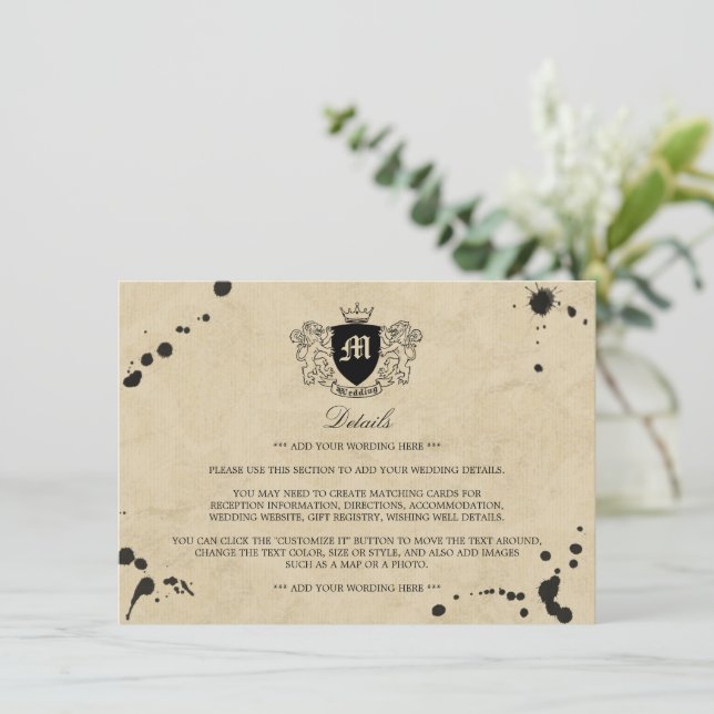 Vintage Monogram & Ink Stain Wedding Detail Insert (Standing Front)