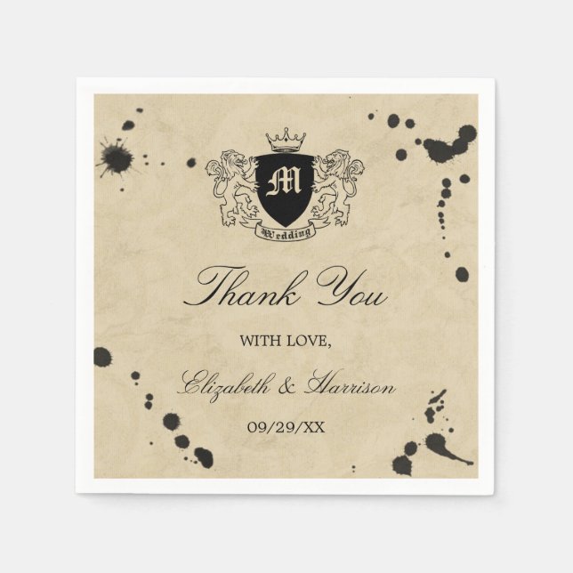 Vintage Monogram & Ink Stain Wedding Napkins (Front)