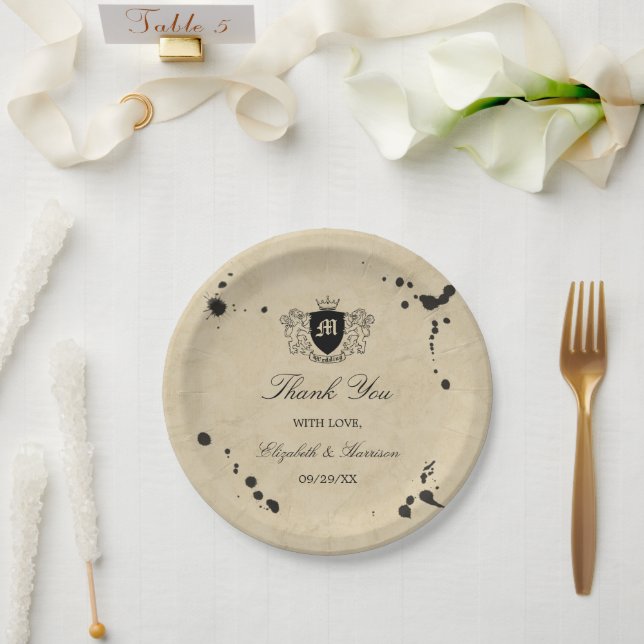 Vintage Monogram & Ink Stain Wedding Paper Plates (Wedding)