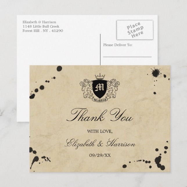 Vintage Monogram & Ink Stain Wedding Postcard (Front/Back)