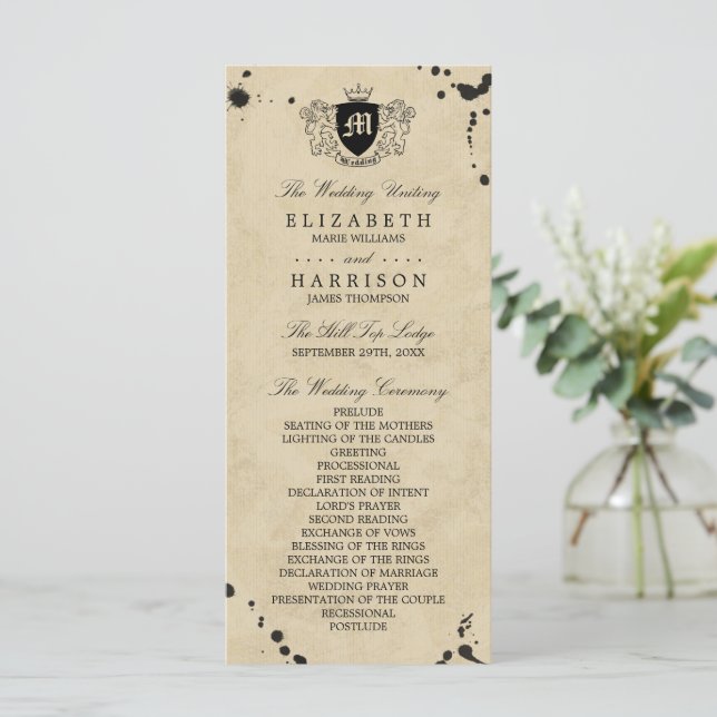 Vintage Monogram & Ink Stain Wedding Program (Standing Front)