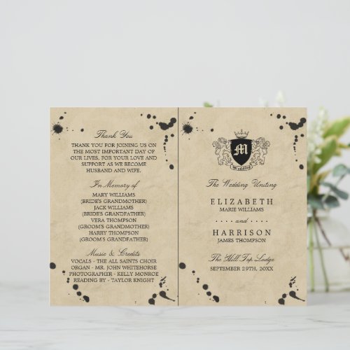 Vintage Monogram  Ink Stain Wedding Program