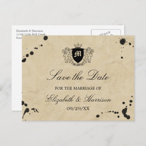 Vintage Monogram  Ink Stain Wedding Save The Date Announcement Postcard