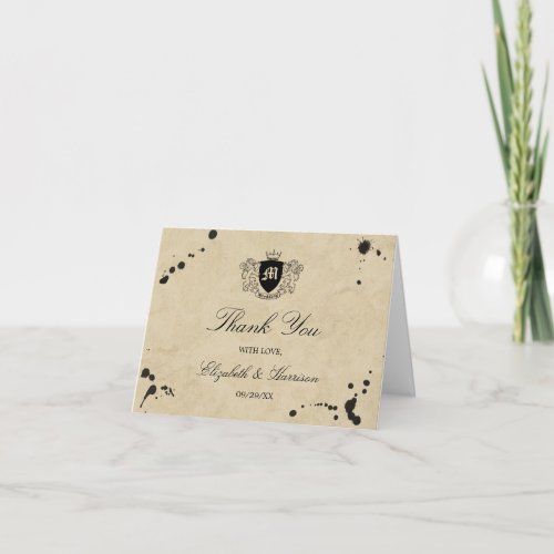 Vintage Monogram  Ink Stain Wedding Thank You Card