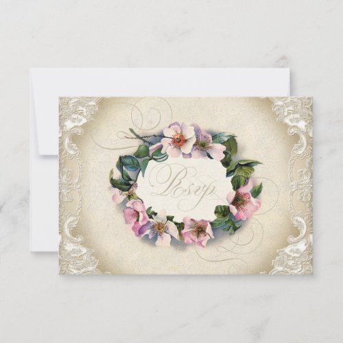 Vintage Monogram Lace Wild Pink Rose Swirl Formal RSVP Card