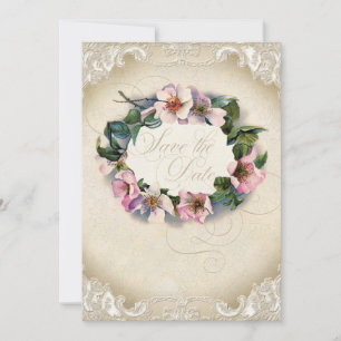 Vintage Monogram Lace Wild Pink Rose Swirl Formal Save The Date