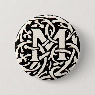 Vintage Monogram M Art Nouveau Letter Pinback Button