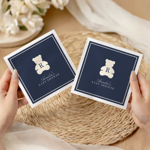 Vintage Monogram Navy Blue Teddy Bear Baby Shower Napkins