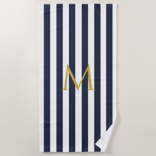 Vintage Monogram Navy Blue  White Stripes Striped Beach Towel