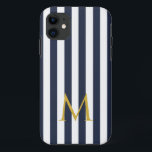 Vintage Monogram Navy Blue & White Stripes Striped iPhone 11 Case<br><div class="desc">Modern vintage striped design. Vertical stripes pattern design in chic french classic summer sailor navy blue and white color.</div>
