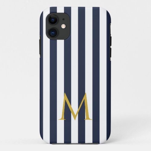 Vintage Monogram Navy Blue  White Stripes Striped iPhone 11 Case