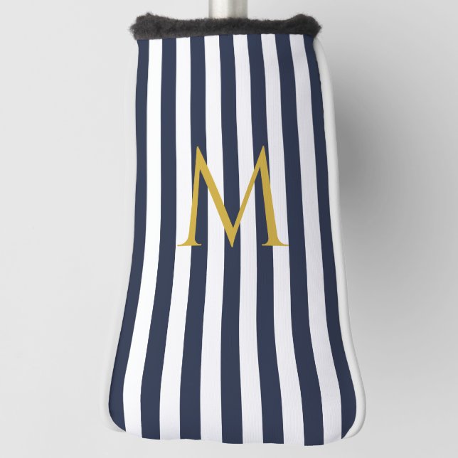 Vintage Monogram Navy Blue & White Stripes Striped Golf Head Cover (Rotate 90)