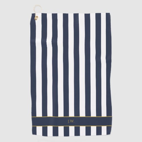 Vintage Monogram Navy Blue  White Stripes Striped Golf Towel