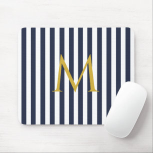 Vintage Monogram Navy Blue & White Stripes Striped Mouse Pad