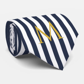 Vintage Monogram Navy Blue & White Stripes Striped Neck Tie