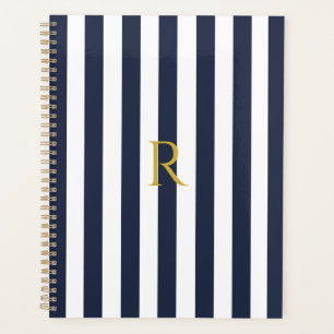 Vintage Monogram Navy Blue & White Stripes Striped Planner