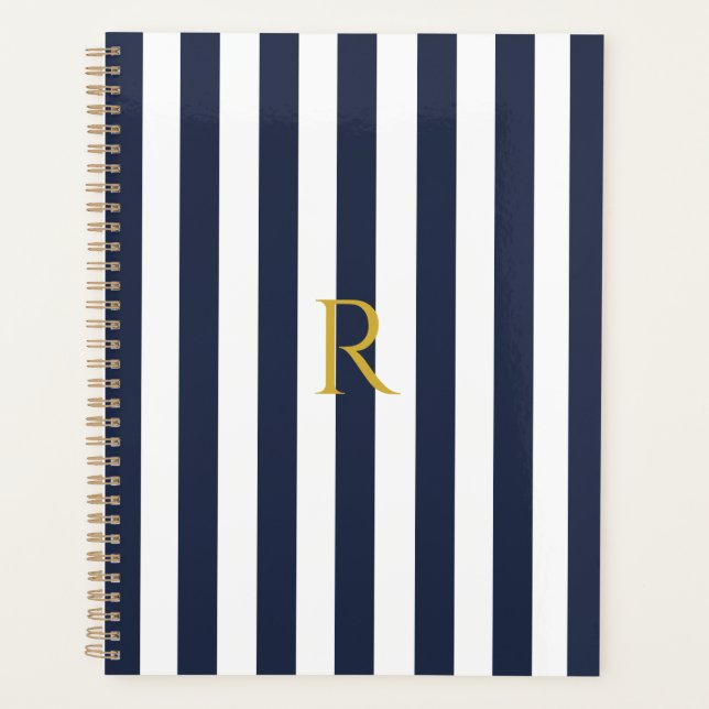 Vintage Monogram Navy Blue & White Stripes Striped Planner (Front)