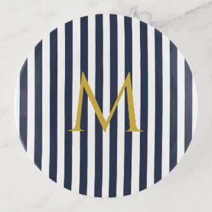 Vintage Monogram Navy Blue & White Stripes Striped Trinket Tray