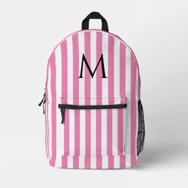 Vintage Monogram Pink & White Stripes Striped Printed Backpack (Front)