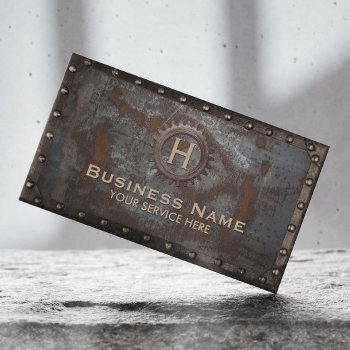 Vintage Monogram Rusty Metal Handyman Contractor Business Card by cardfactory at Zazzle