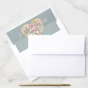 Vintage Monogram Silver Sage Blush Roses Floral Envelope Liner