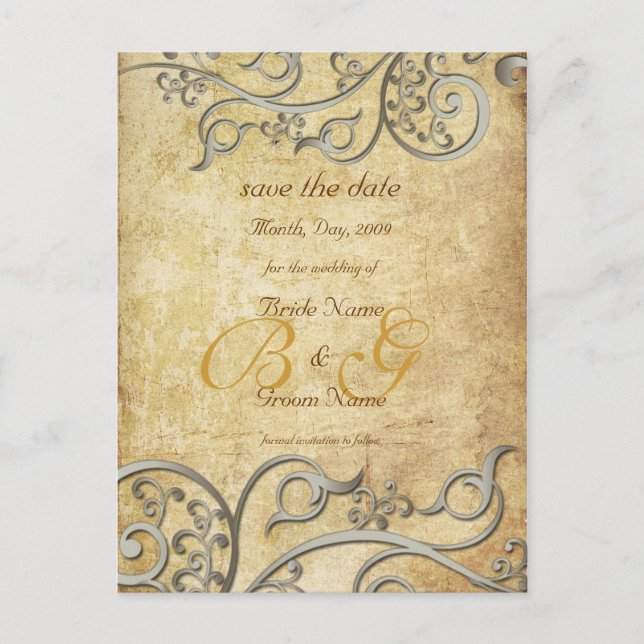Vintage, monogram silver swirls/lilac announcement postcard (Front)