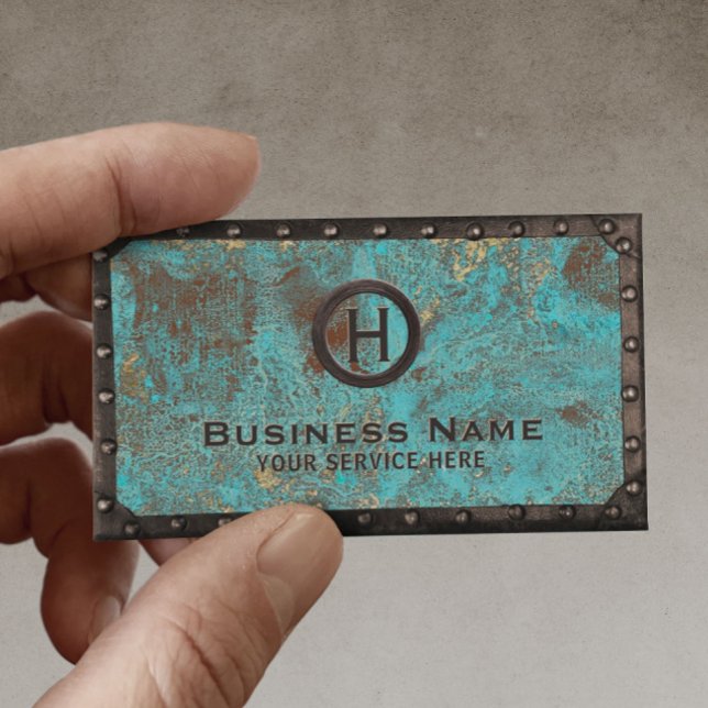 Vintage Monogram Turquoise Copper Metal Frame Business Card (Creator Uploaded)