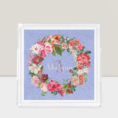 Vintage Monogram Watercolor Floral Frame Blue Acrylic Tray