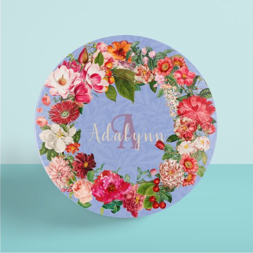 Vintage Monogram Watercolor Floral Frame Blue Trinket Tray