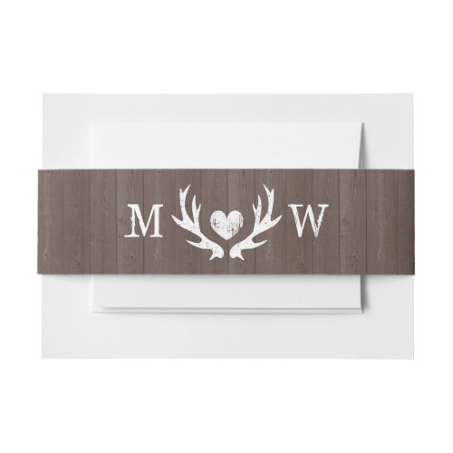 Vintage monogram wood grain deer antler wedding invitation belly band