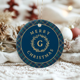 Vintage Monogram Wreath Blue Plaid Christmas Photo Ceramic Ornament