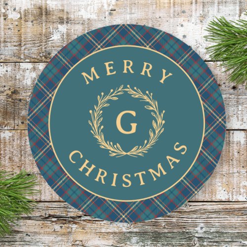 Vintage Monogram Wreath Dark Green Plaid Christmas Classic Round Sticker