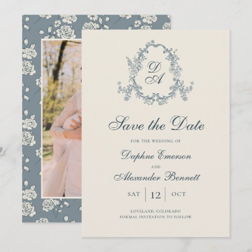 Vintage Monogrammed Blue Floral Save The Date