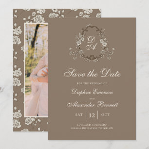 Vintage Monogrammed Brown Floral Photo Save The Date