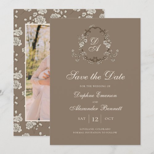 Vintage Monogrammed Brown Floral Photo Save The Date