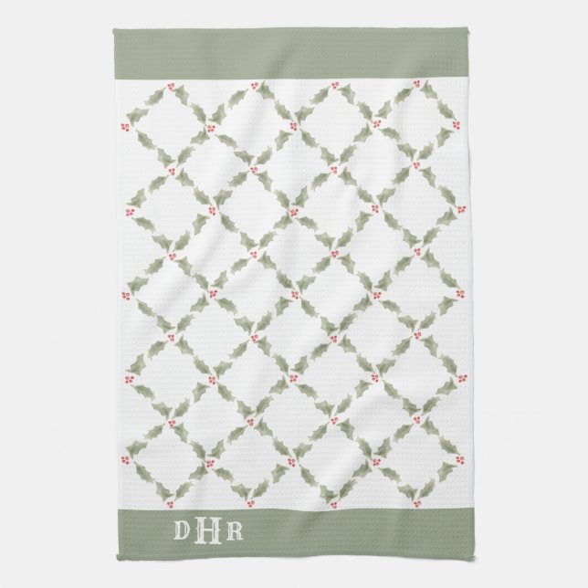 Vintage Monogrammed Christmas Holly Green & Red Kitchen Towel (Vertical)