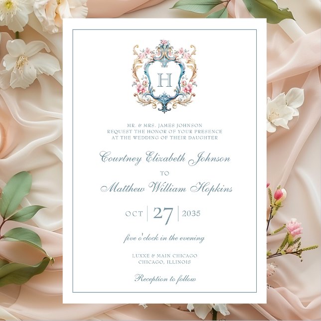 Vintage Monogrammed Floral Crest Wedding Invitation (Creator Uploaded)